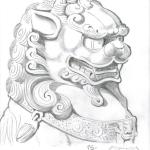 Head detail concept sketch of a marble oriental-themed lion.